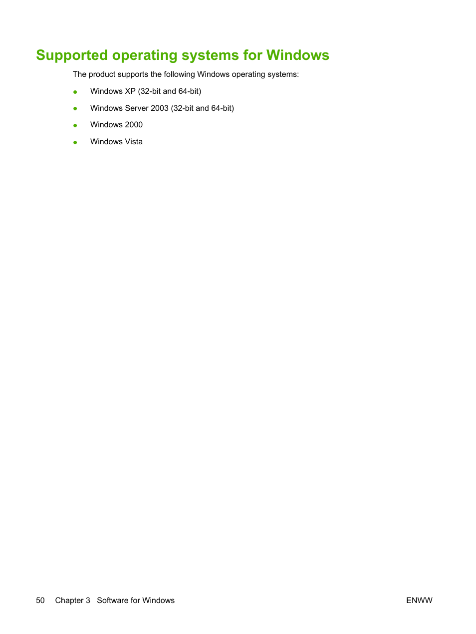 Supported operating systems for windows | HP Color LaserJet CP6015 Printer series User Manual | Page 64 / 308