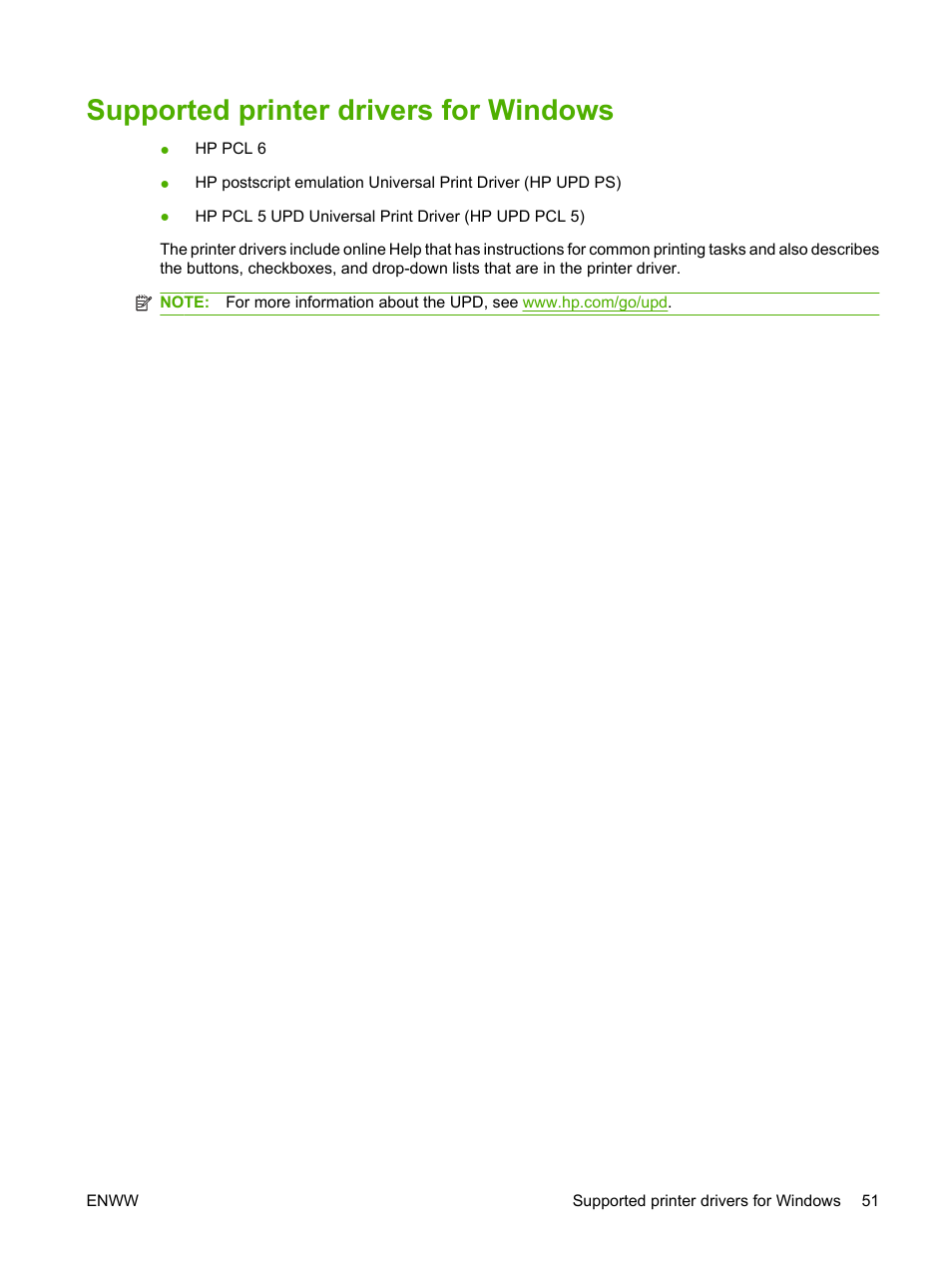 Supported printer drivers for windows | HP Color LaserJet CP6015 Printer series User Manual | Page 65 / 308