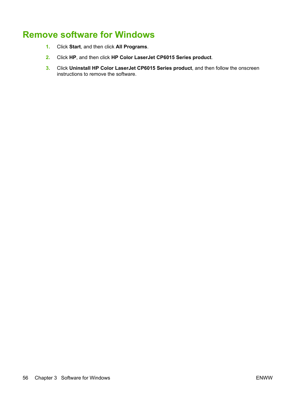 Remove software for windows | HP Color LaserJet CP6015 Printer series User Manual | Page 70 / 308