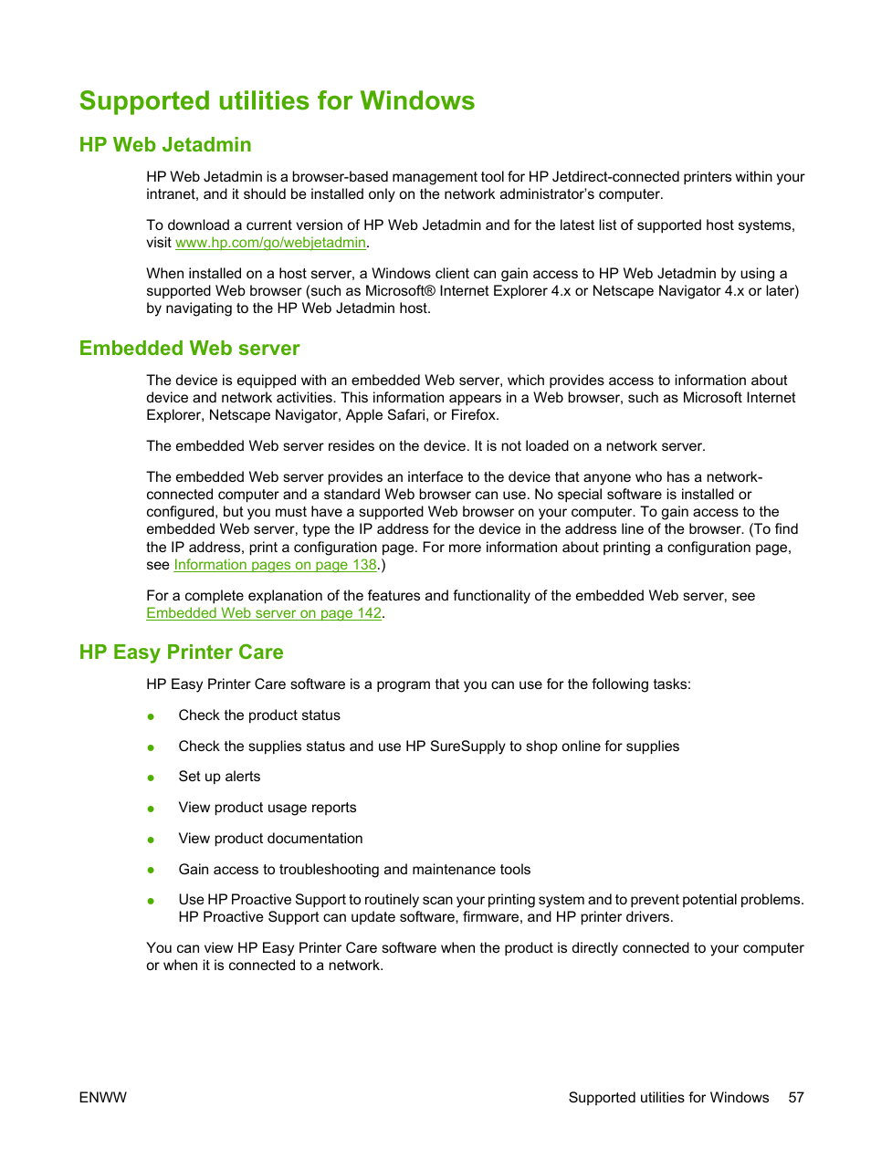 Supported utilities for windows, Hp web jetadmin, Embedded web server | Hp easy printer care | HP Color LaserJet CP6015 Printer series User Manual | Page 71 / 308