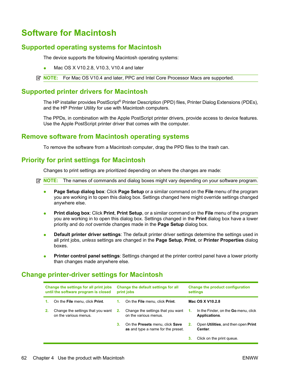 Software for macintosh, Supported operating systems for macintosh, Supported printer drivers for macintosh | Remove software from macintosh operating systems, Priority for print settings for macintosh, Change printer-driver settings for macintosh | HP Color LaserJet CP6015 Printer series User Manual | Page 76 / 308