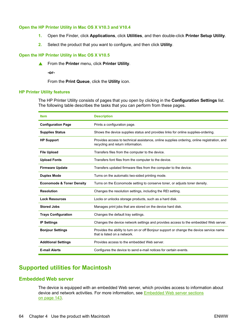 Hp printer utility features, Supported utilities for macintosh, Embedded web server | HP Color LaserJet CP6015 Printer series User Manual | Page 78 / 308