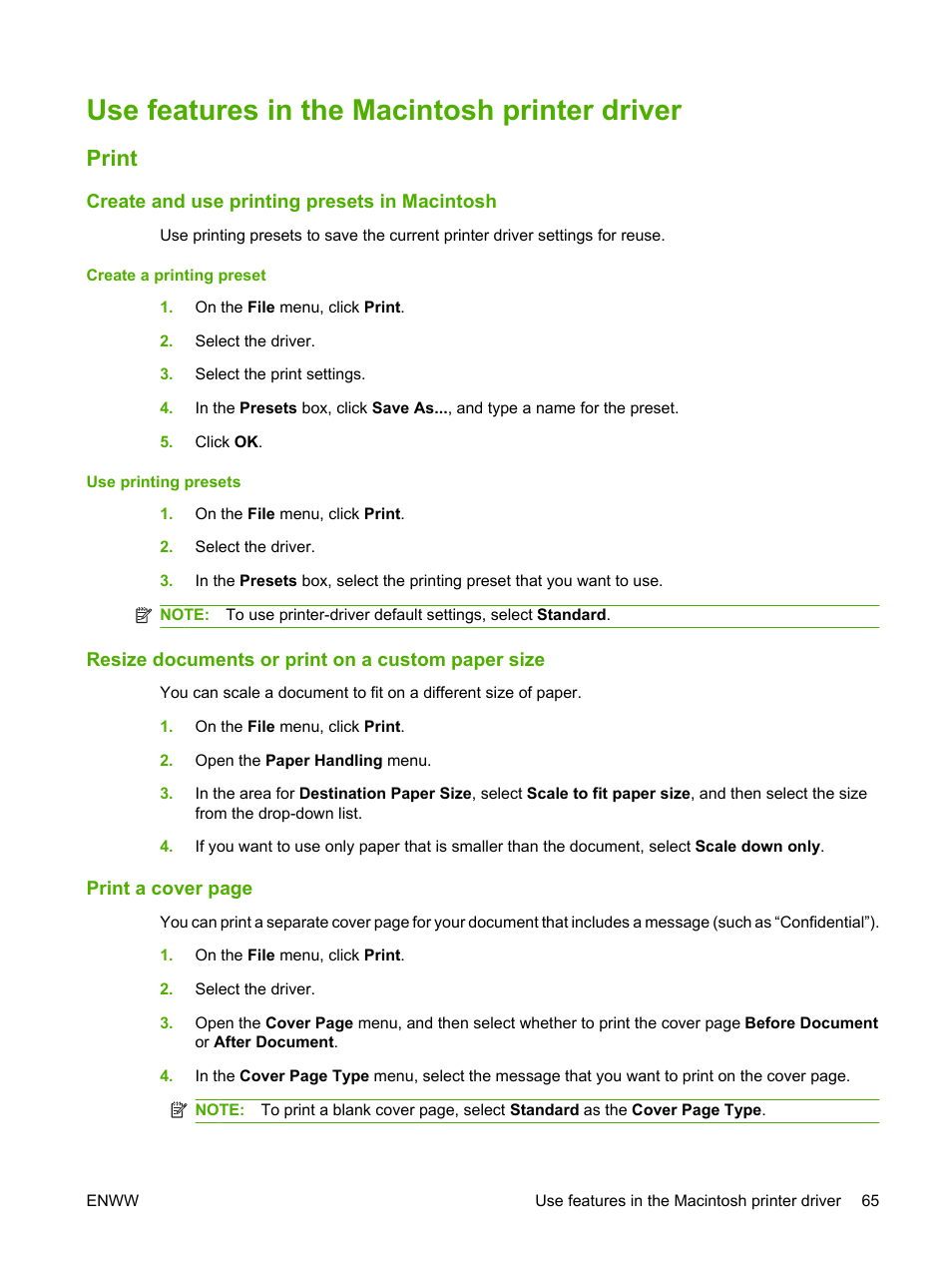 Use features in the macintosh printer driver, Print, Create and use printing presets in macintosh | Resize documents or print on a custom paper size | HP Color LaserJet CP6015 Printer series User Manual | Page 79 / 308