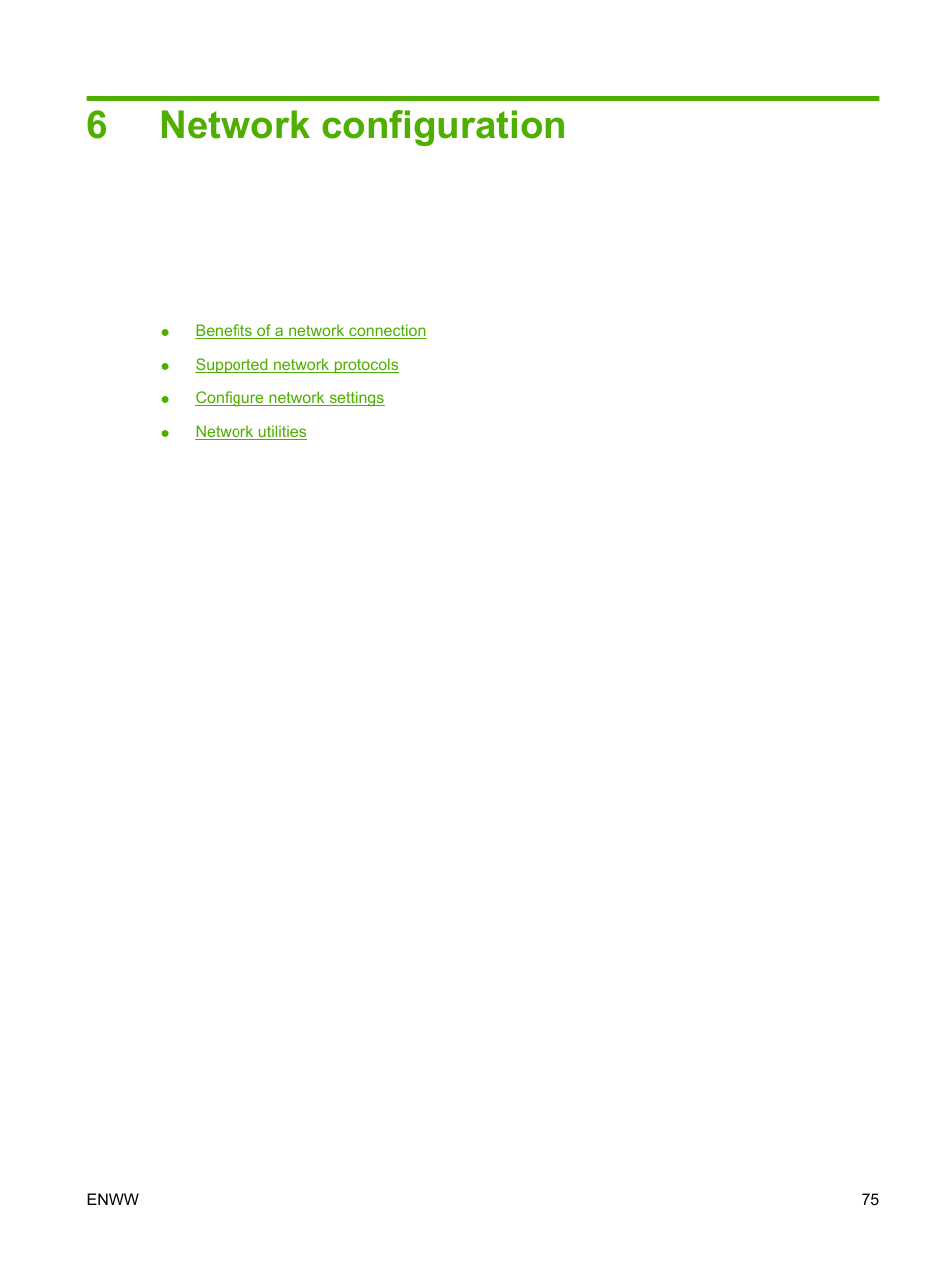 Network configuration, 6 network configuration, 6network configuration | HP Color LaserJet CP6015 Printer series User Manual | Page 89 / 308