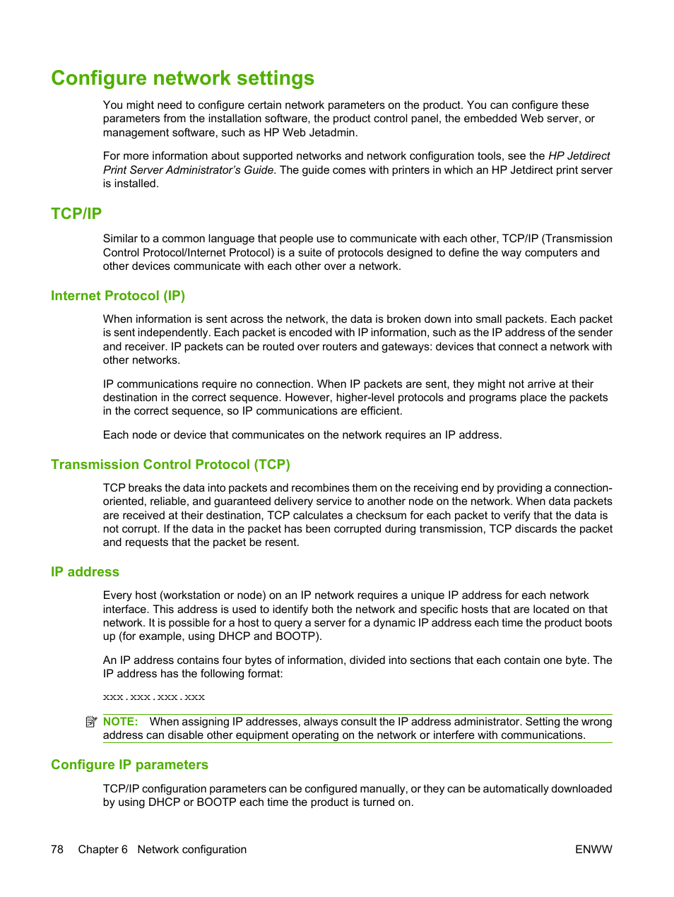 Configure network settings, Tcp/ip, Internet protocol (ip) | Transmission control protocol (tcp), Ip address, Configure ip parameters, Rmation, see | HP Color LaserJet CP6015 Printer series User Manual | Page 92 / 308