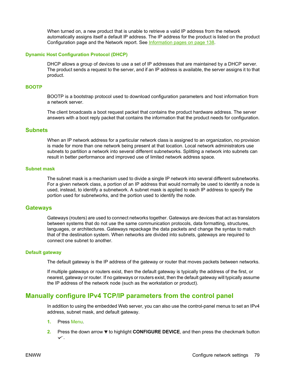 Dynamic host configuration protocol (dhcp), Bootp, Subnets | Subnet mask, Gateways, Default gateway, Dynamic host configuration protocol (dhcp) bootp | HP Color LaserJet CP6015 Printer series User Manual | Page 93 / 308