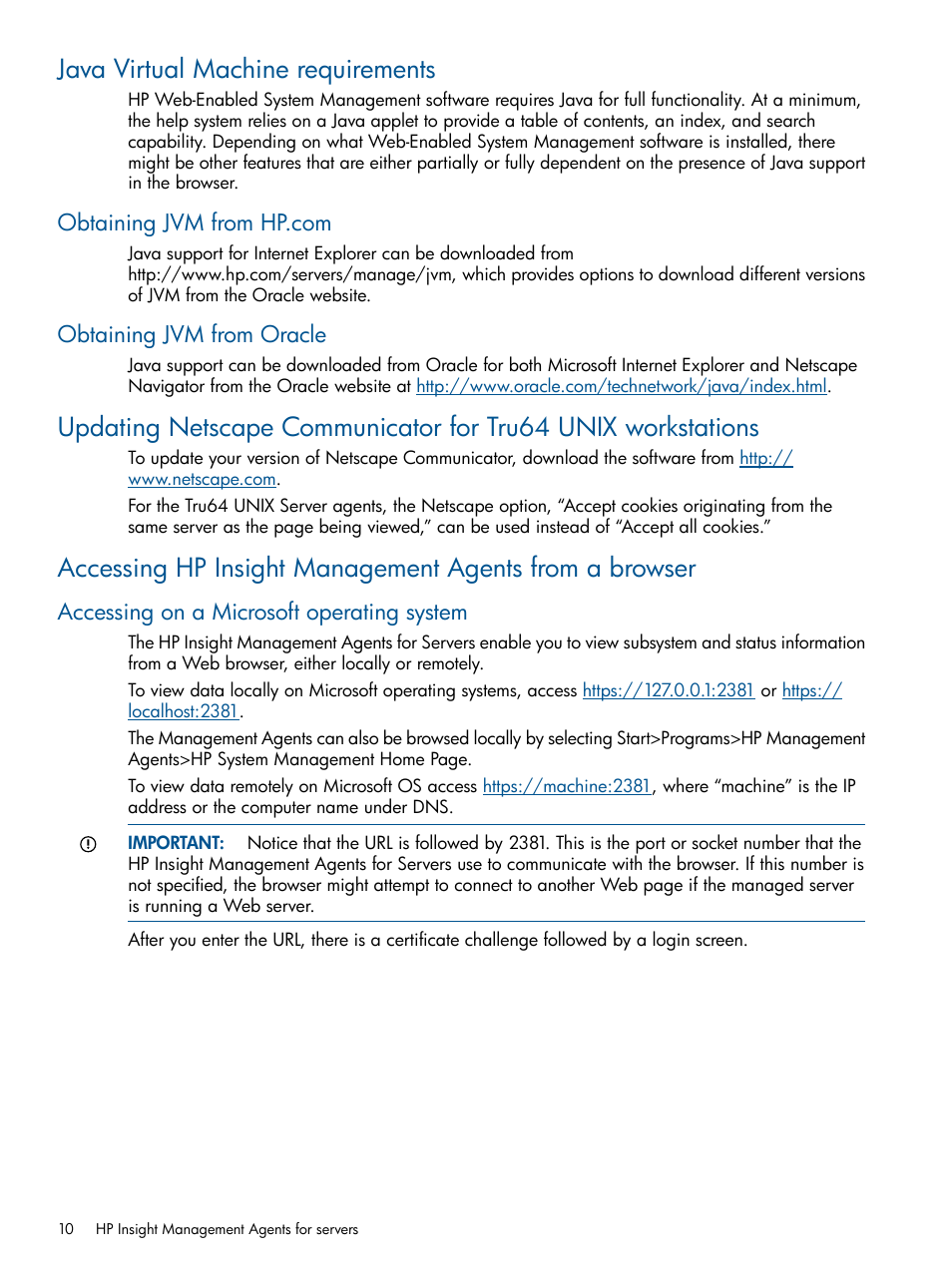 Java virtual machine requirements, Obtaining jvm from hp.com, Obtaining jvm from oracle | Accessing on a microsoft operating system | HP Insight Management Agents User Manual | Page 10 / 172