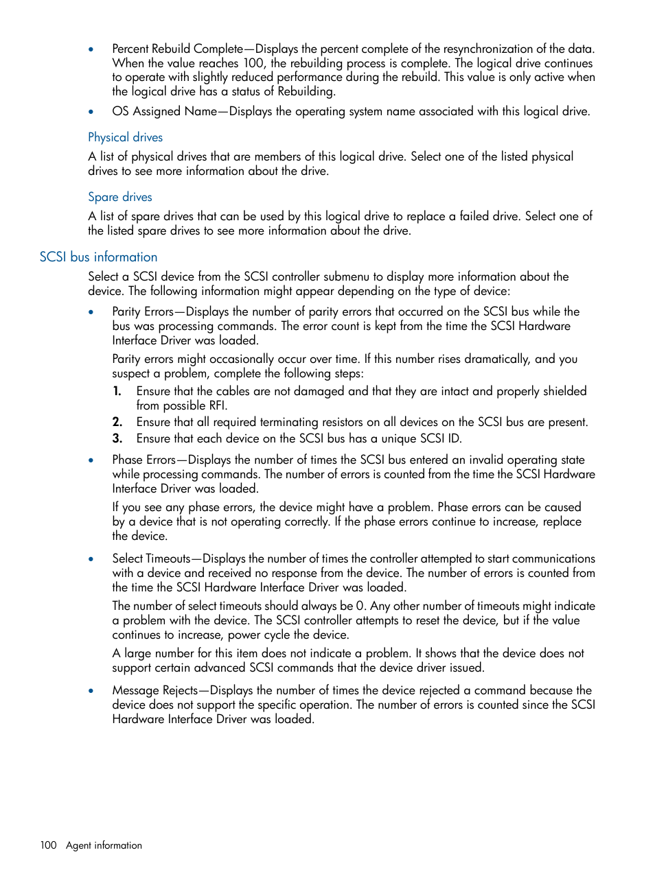 Physical drives, Spare drives, Scsi bus information | Physical drives spare drives | HP Insight Management Agents User Manual | Page 100 / 172