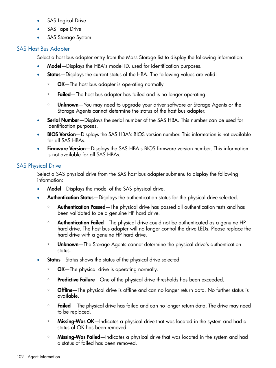 Sas host bus adapter, Sas physical drive, Sas host bus adapter sas physical drive | HP Insight Management Agents User Manual | Page 102 / 172