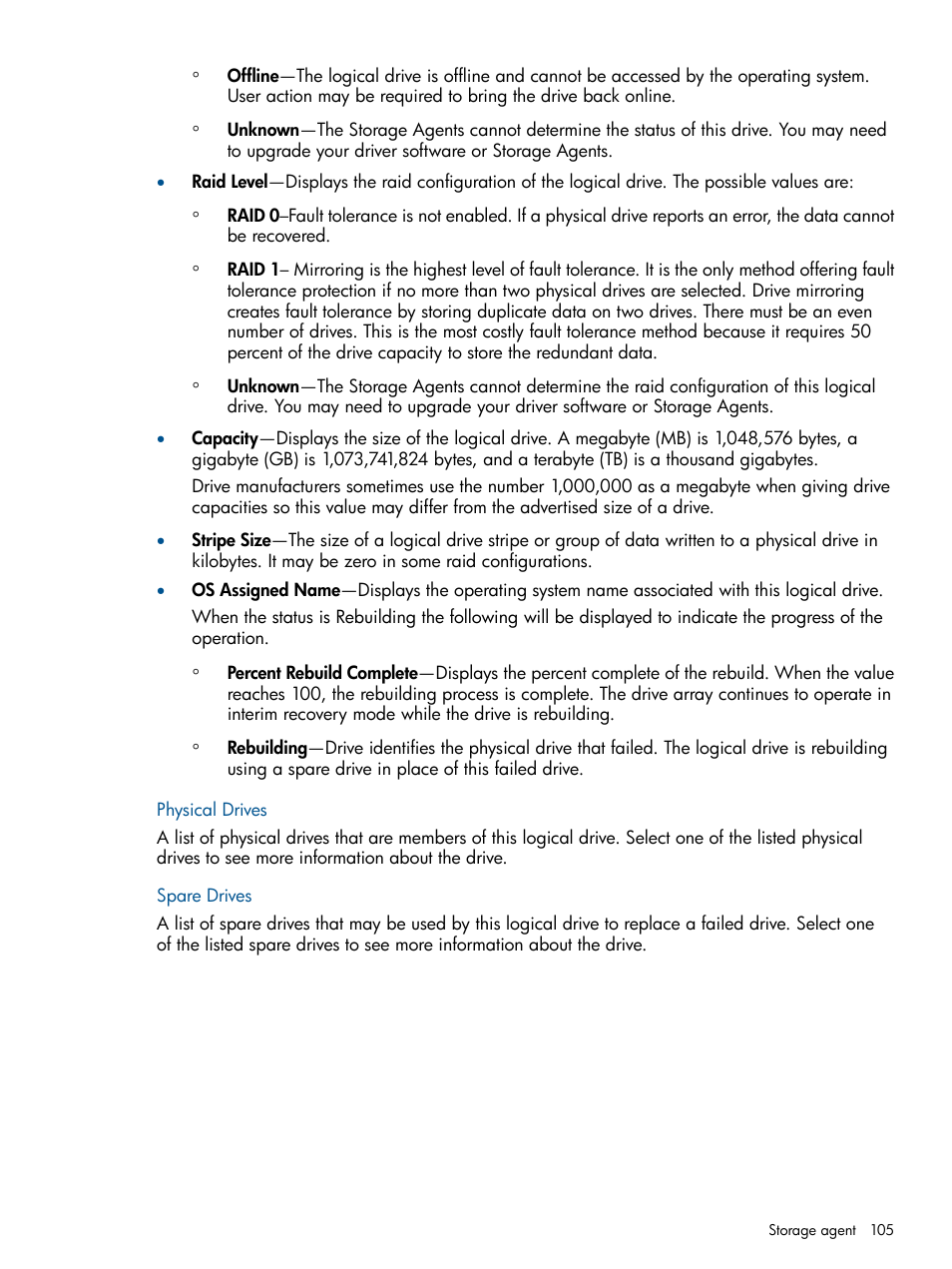 Physical drives, Spare drives, Physical drives spare drives | HP Insight Management Agents User Manual | Page 105 / 172