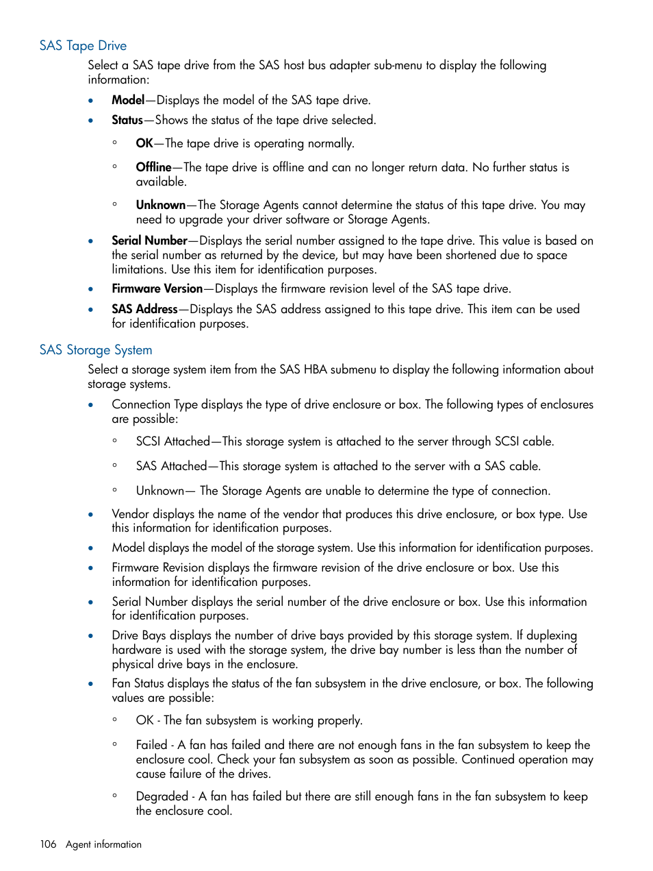 Sas tape drive, Sas storage system, Sas tape drive sas storage system | HP Insight Management Agents User Manual | Page 106 / 172