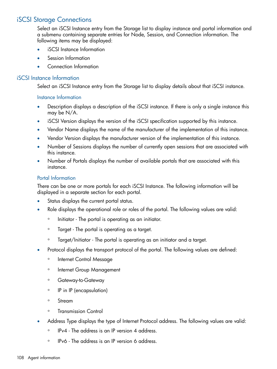 Iscsi storage connections, Iscsi instance information, Instance information | Portal information, Instance information portal information | HP Insight Management Agents User Manual | Page 108 / 172