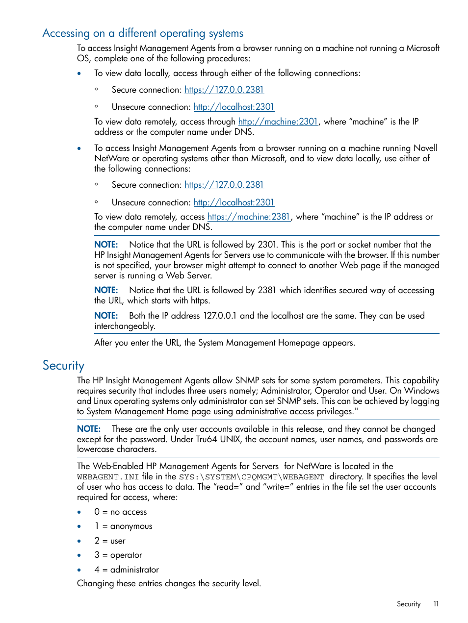 Accessing on a different operating systems, Security | HP Insight Management Agents User Manual | Page 11 / 172