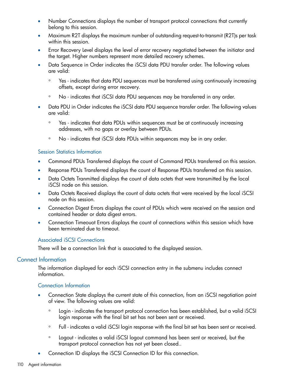 Session statistics information, Associated iscsi connections, Connect information | Connection information | HP Insight Management Agents User Manual | Page 110 / 172