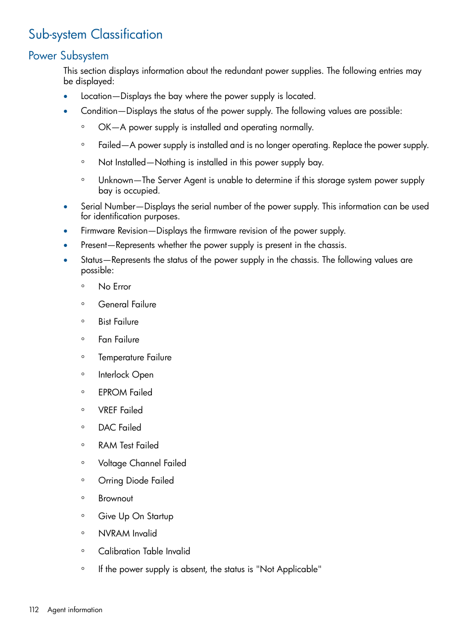 Sub-system classification, Power subsystem | HP Insight Management Agents User Manual | Page 112 / 172