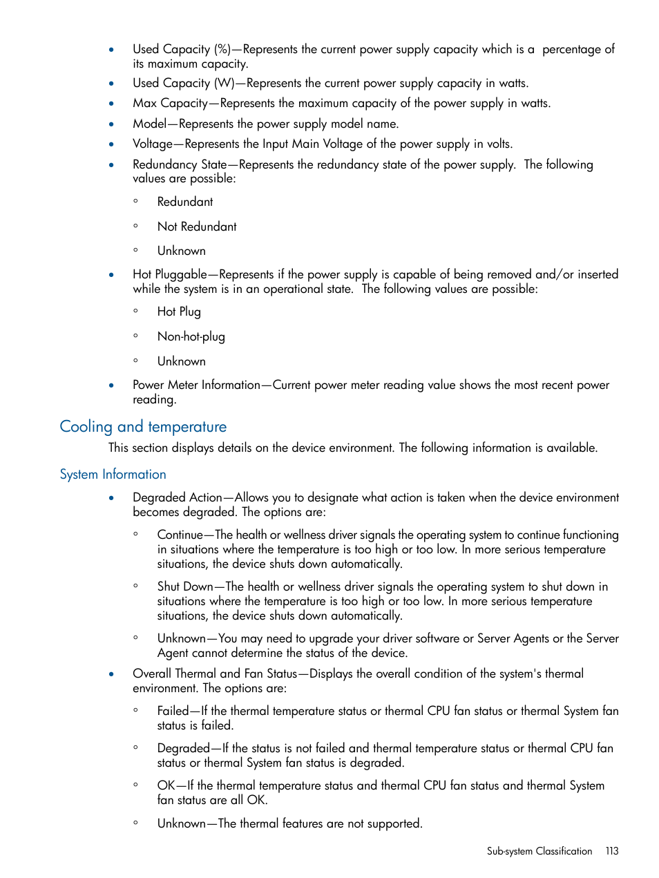 Cooling and temperature, System information | HP Insight Management Agents User Manual | Page 113 / 172