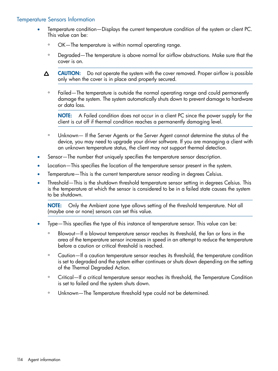 Temperature sensors information | HP Insight Management Agents User Manual | Page 114 / 172