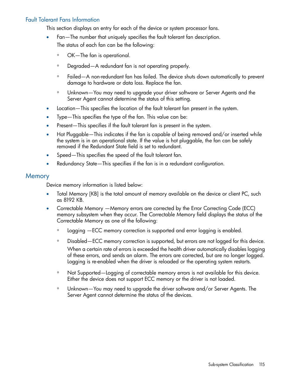 Fault tolerant fans information, Memory | HP Insight Management Agents User Manual | Page 115 / 172