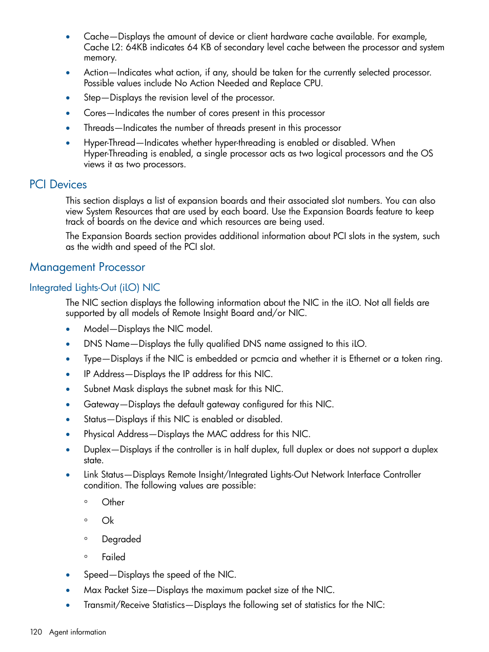 Pci devices, Management processor, Integrated lights-out (ilo) nic | Pci devices management processor | HP Insight Management Agents User Manual | Page 120 / 172