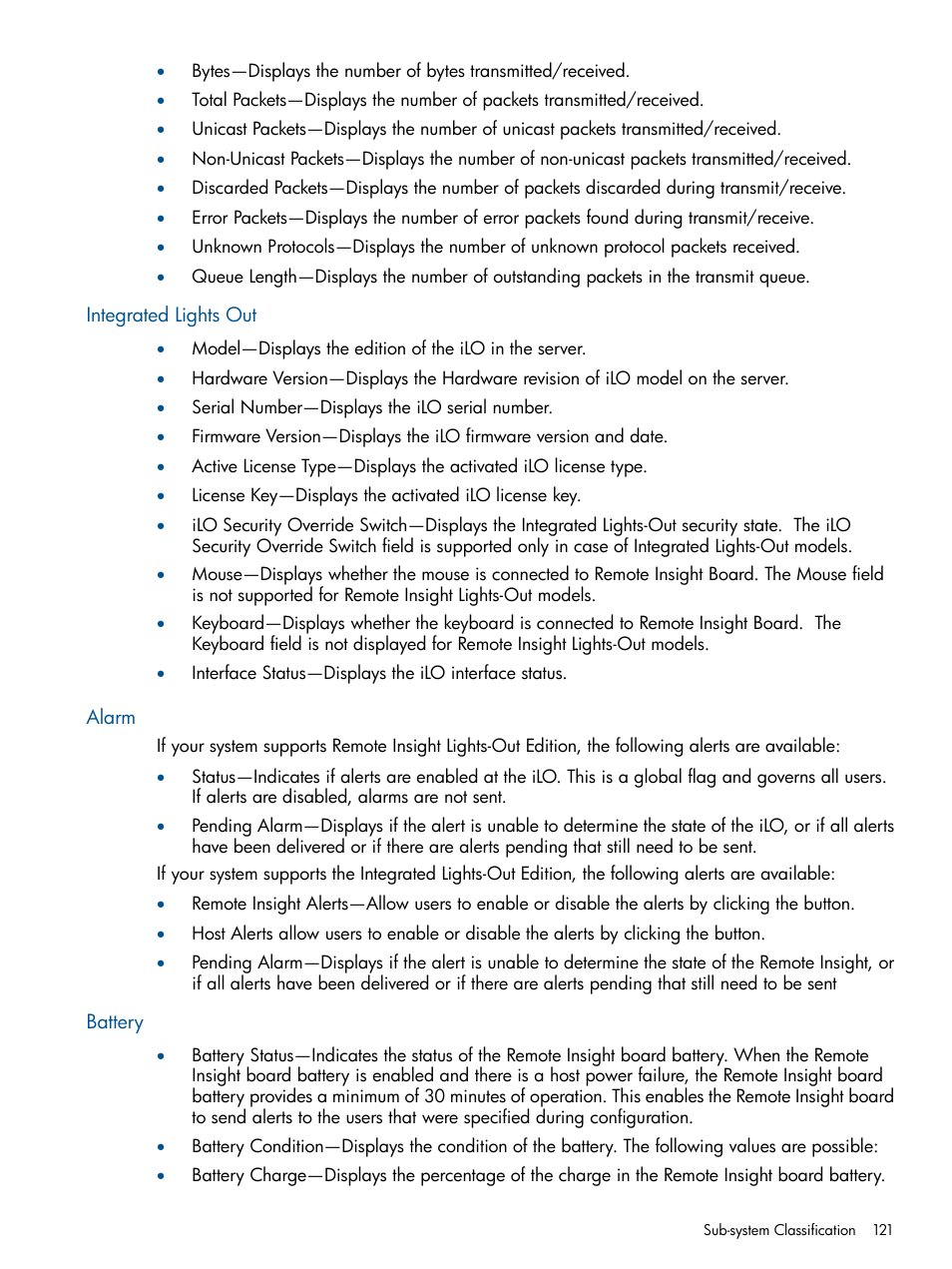 Integrated lights out, Alarm, Battery | Integrated lights out alarm battery | HP Insight Management Agents User Manual | Page 121 / 172