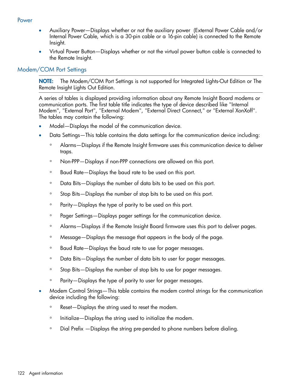 Power, Modem/com port settings, Power modem/com port settings | HP Insight Management Agents User Manual | Page 122 / 172