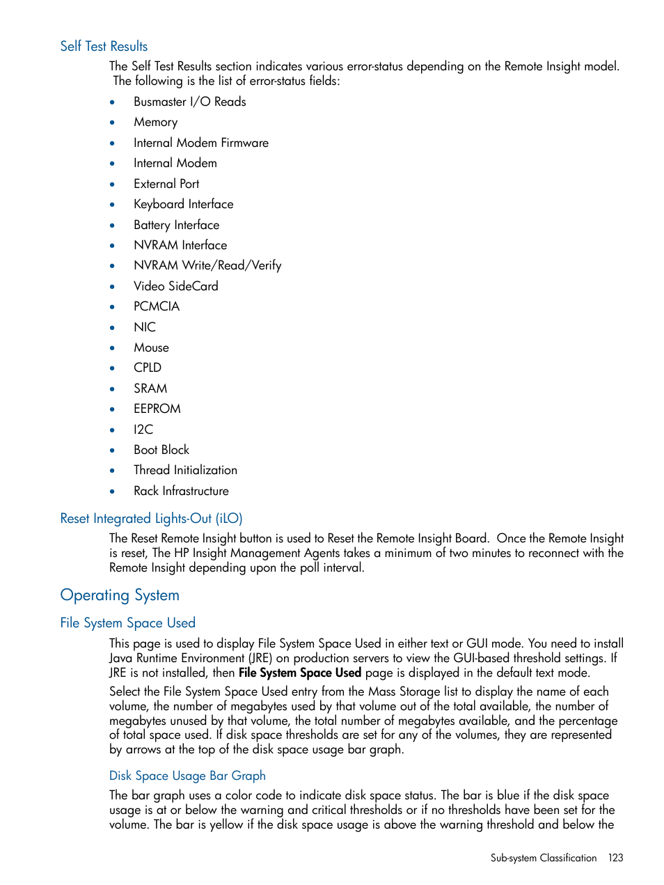 Self test results, Reset integrated lights-out (ilo), Operating system | File system space used, Disk space usage bar graph | HP Insight Management Agents User Manual | Page 123 / 172