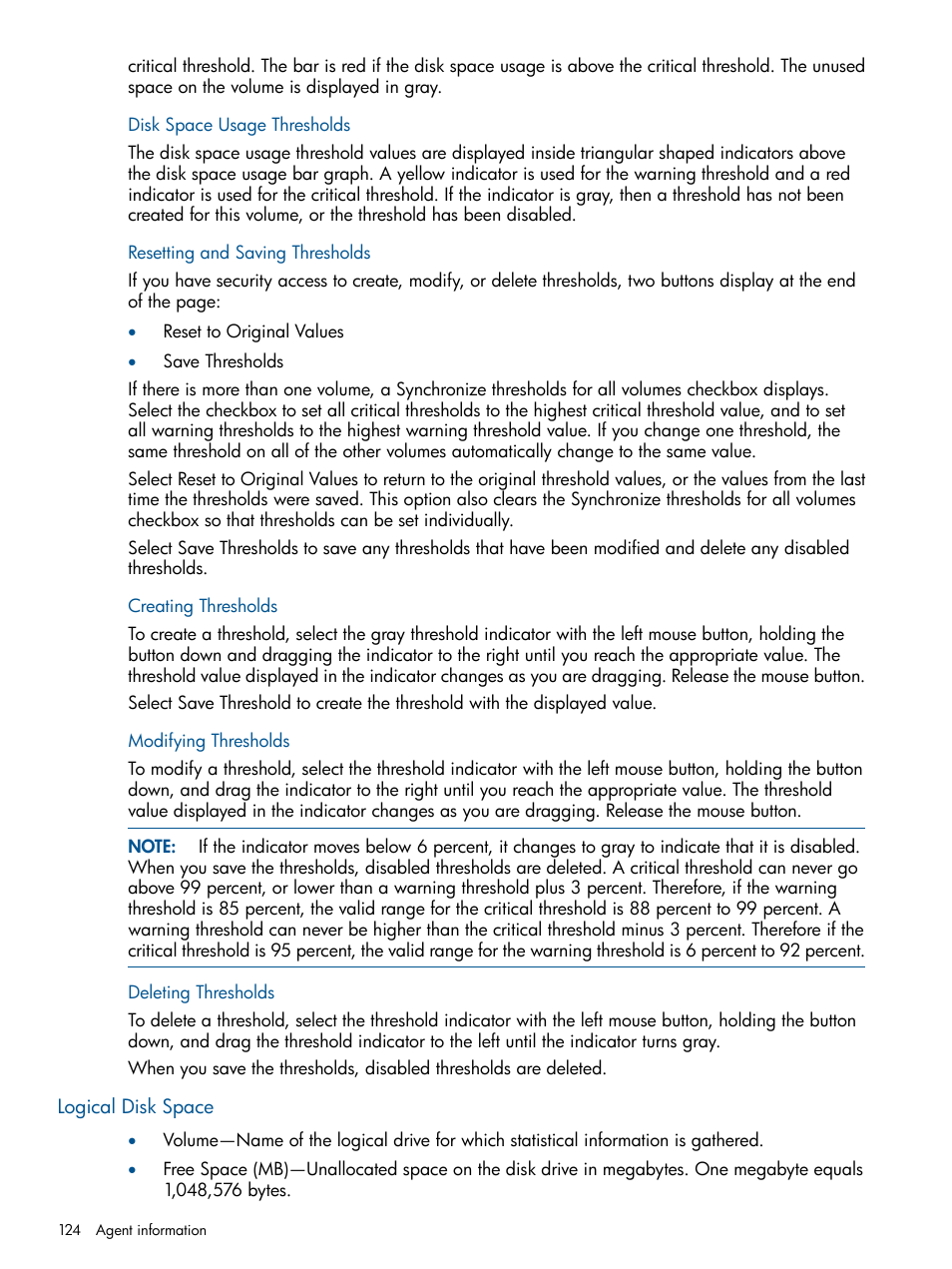 Disk space usage thresholds, Resetting and saving thresholds, Creating thresholds | Modifying thresholds, Deleting thresholds, Logical disk space | HP Insight Management Agents User Manual | Page 124 / 172