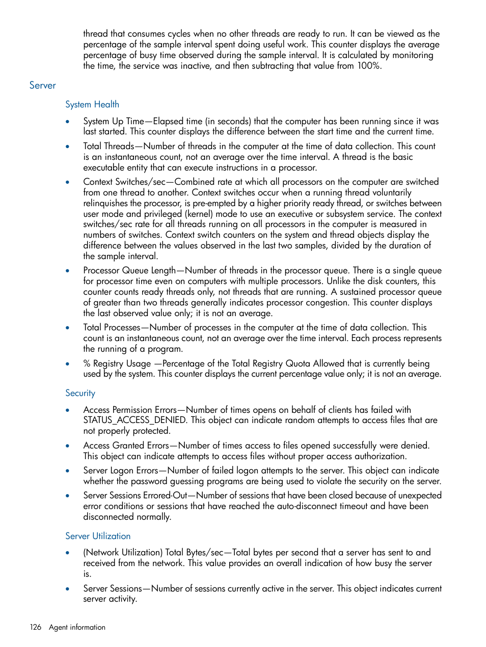 Server, System health, Security | Server utilization, System health security server utilization | HP Insight Management Agents User Manual | Page 126 / 172