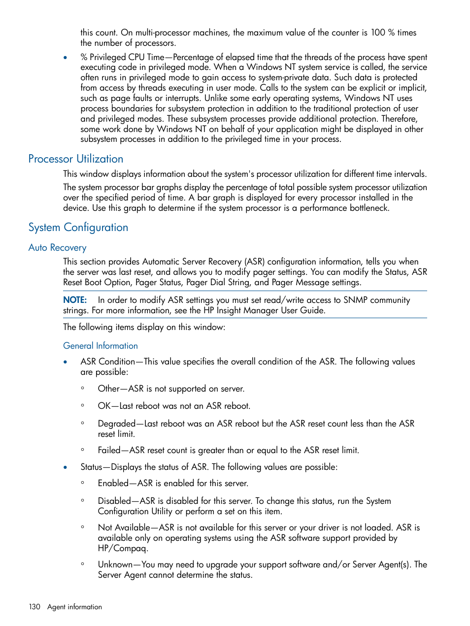 Processor utilization, System configuration, Auto recovery | General information, Processor utilization system configuration | HP Insight Management Agents User Manual | Page 130 / 172