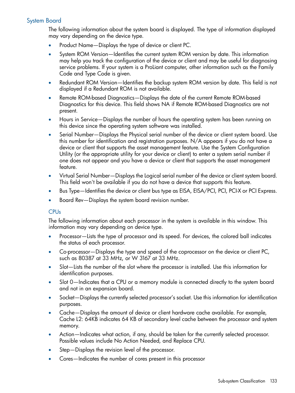 System board, Cpus | HP Insight Management Agents User Manual | Page 133 / 172