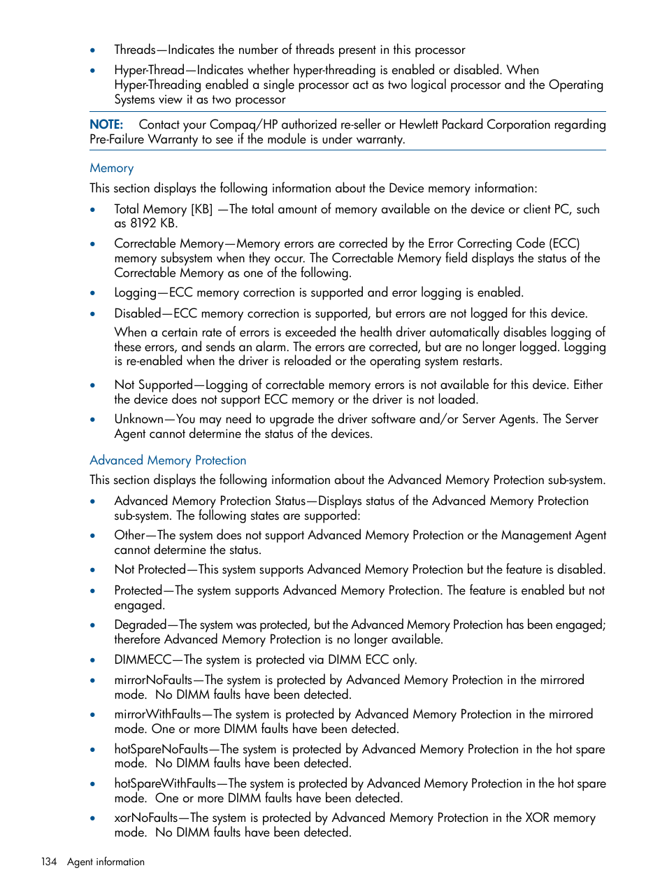 Memory, Advanced memory protection, Memory advanced memory protection | HP Insight Management Agents User Manual | Page 134 / 172