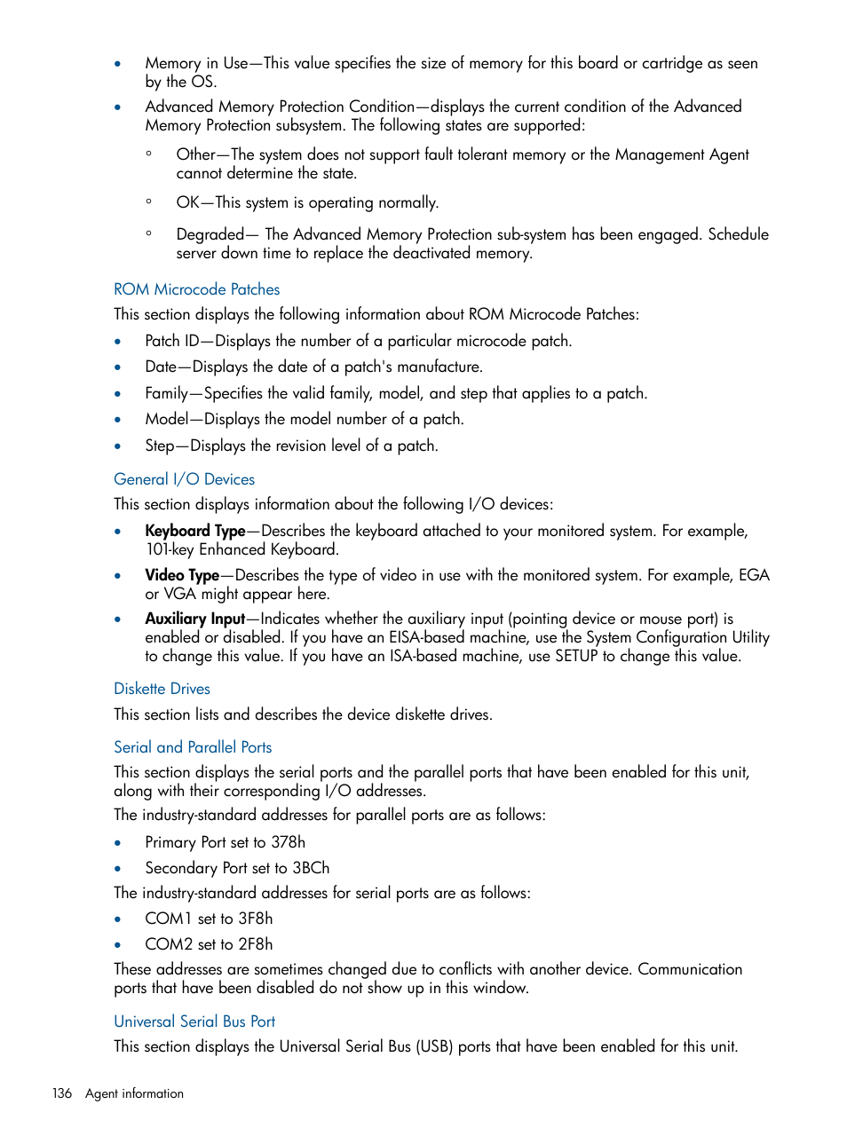 Rom microcode patches, General i/o devices, Diskette drives | Serial and parallel ports, Universal serial bus port | HP Insight Management Agents User Manual | Page 136 / 172