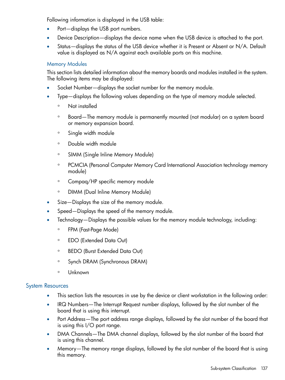 Memory modules, System resources | HP Insight Management Agents User Manual | Page 137 / 172