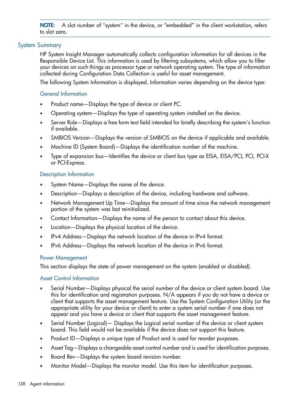 System summary, General information, Description information | Power management, Asset control information | HP Insight Management Agents User Manual | Page 138 / 172