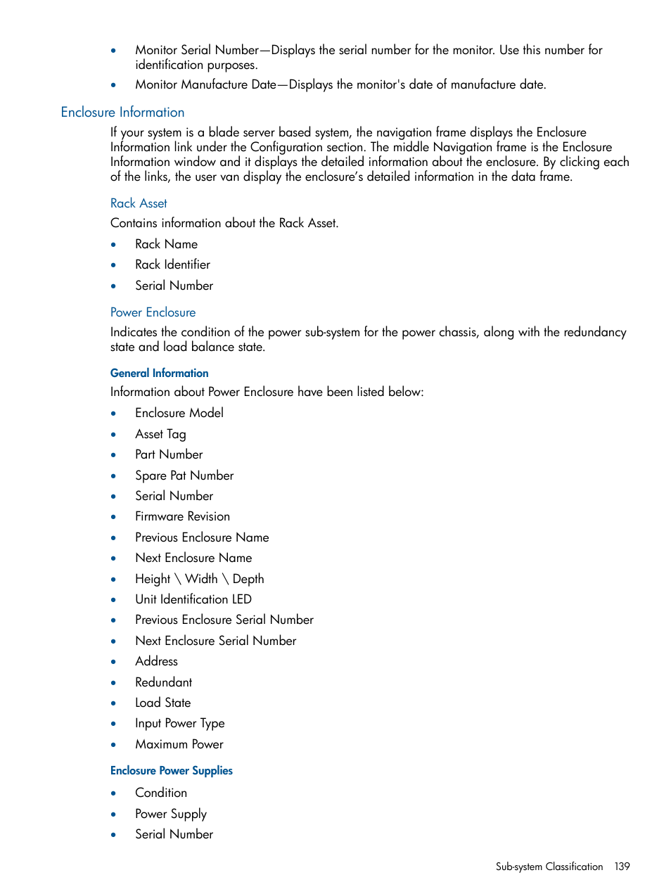 Enclosure information, Rack asset, Power enclosure | General information, Enclosure power supplies, Rack asset power enclosure | HP Insight Management Agents User Manual | Page 139 / 172