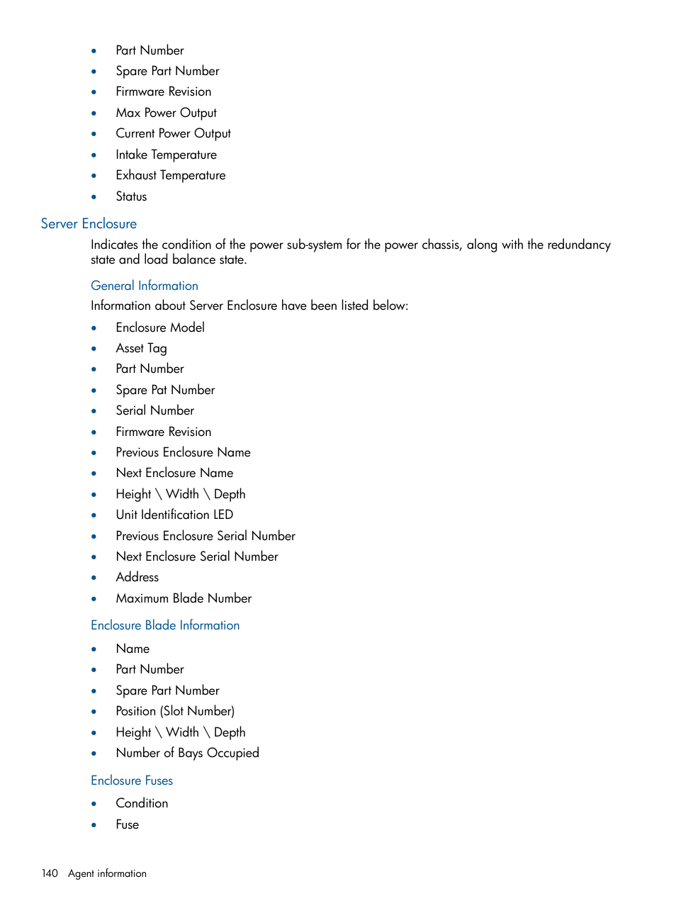 Server enclosure, General information, Enclosure blade information | Enclosure fuses | HP Insight Management Agents User Manual | Page 140 / 172