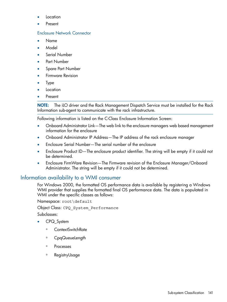 Enclosure network connector, Information availability to a wmi consumer | HP Insight Management Agents User Manual | Page 141 / 172