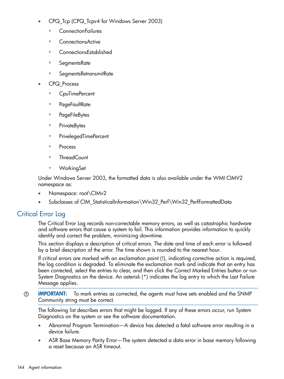 Critical error log | HP Insight Management Agents User Manual | Page 144 / 172