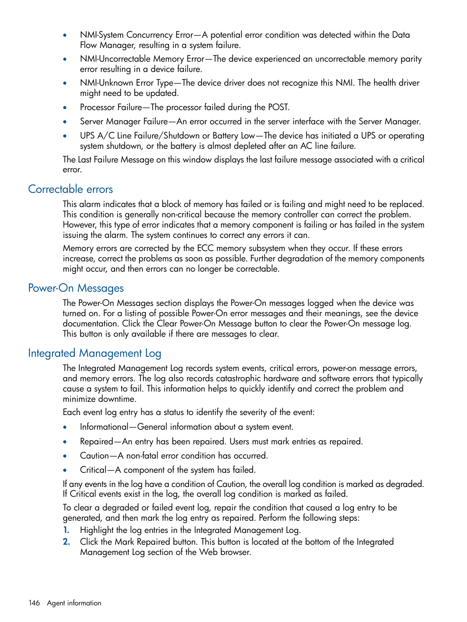 Correctable errors, Power-on messages, Integrated management log | HP Insight Management Agents User Manual | Page 146 / 172