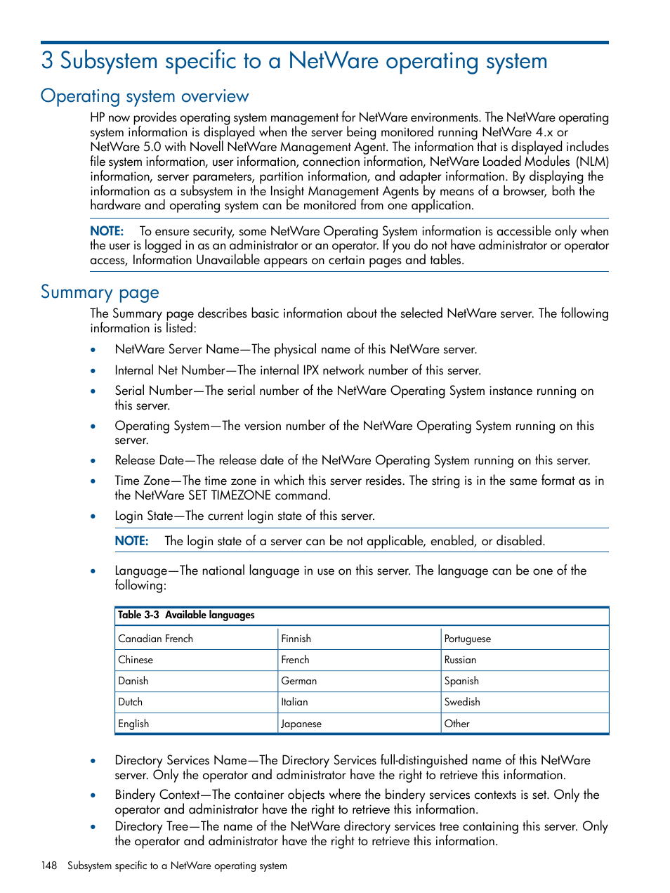 3 subsystem specific to a netware operating system, Operating system overview, Summary page | HP Insight Management Agents User Manual | Page 148 / 172