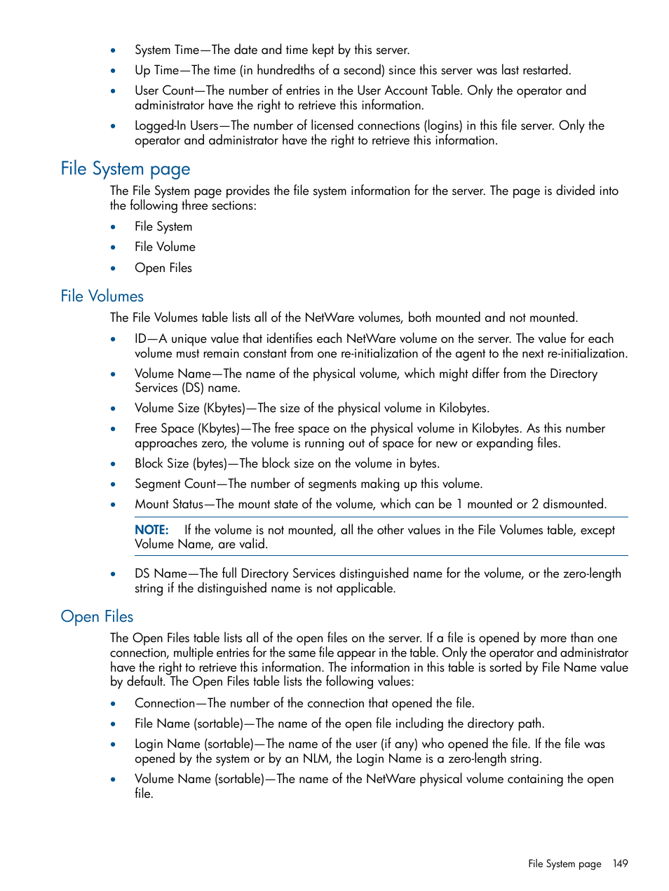 File volumes, Open files, File volumes open files | File system page | HP Insight Management Agents User Manual | Page 149 / 172