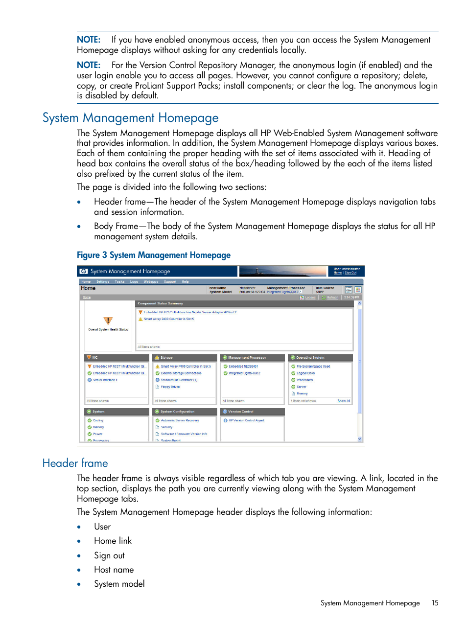 Header frame, System management homepage | HP Insight Management Agents User Manual | Page 15 / 172