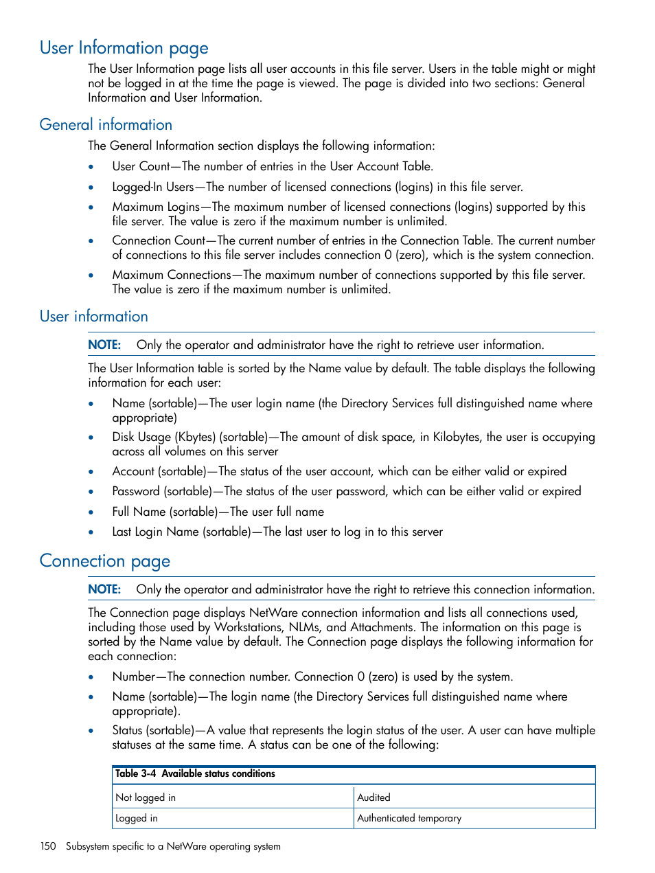 General information, User information, General information user information | User information page, Connection page | HP Insight Management Agents User Manual | Page 150 / 172