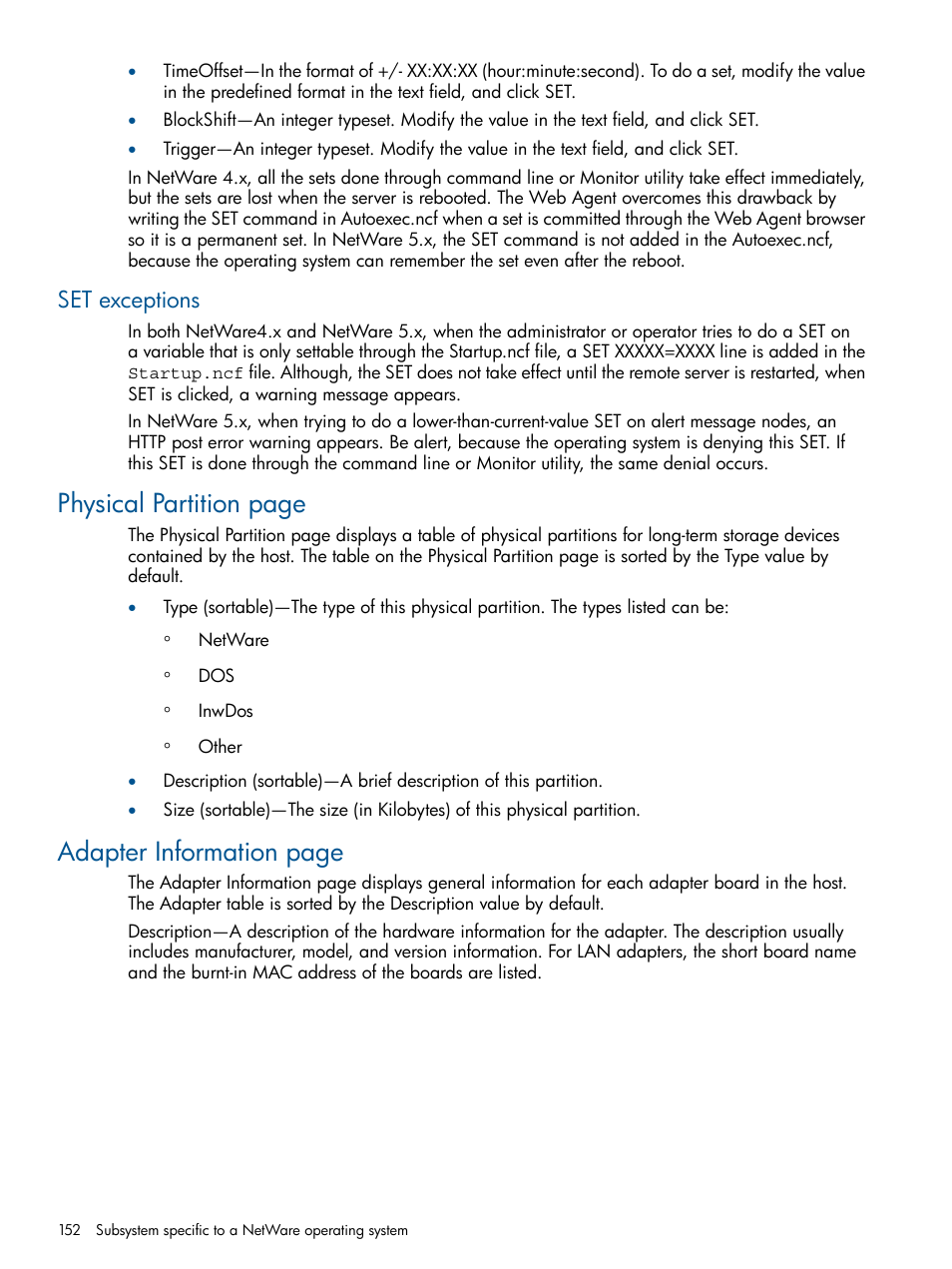 Set exceptions, Physical partition page, Adapter information page | HP Insight Management Agents User Manual | Page 152 / 172