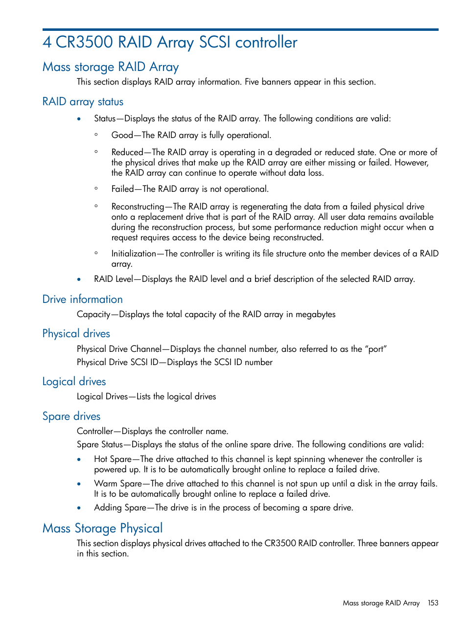 4 cr3500 raid array scsi controller, Mass storage raid array, Raid array status | Drive information, Physical drives, Logical drives, Spare drives, Mass storage physical | HP Insight Management Agents User Manual | Page 153 / 172