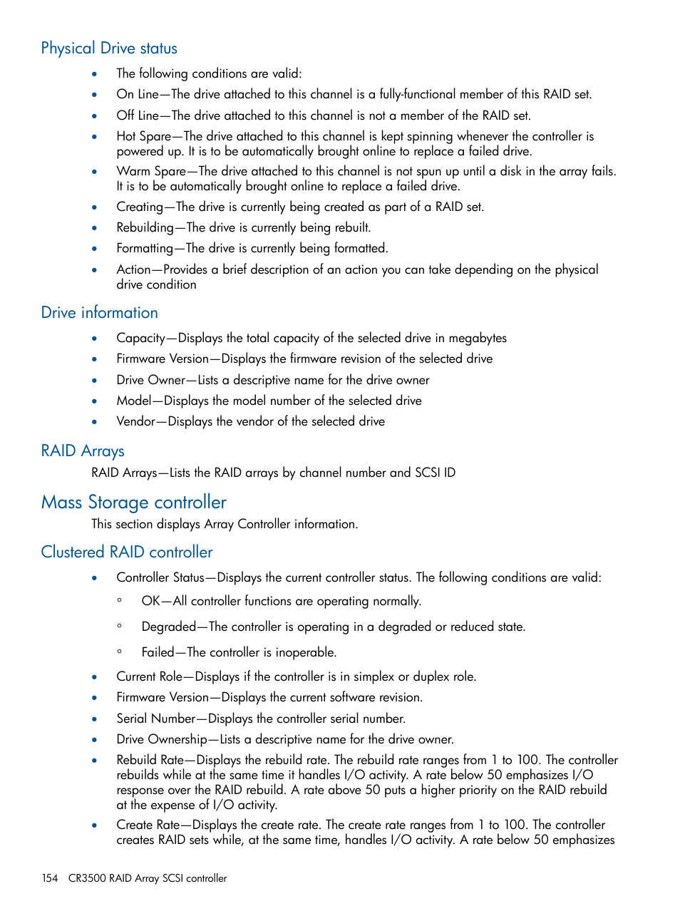 Physical drive status, Drive information, Raid arrays | Mass storage controller, Clustered raid controller | HP Insight Management Agents User Manual | Page 154 / 172