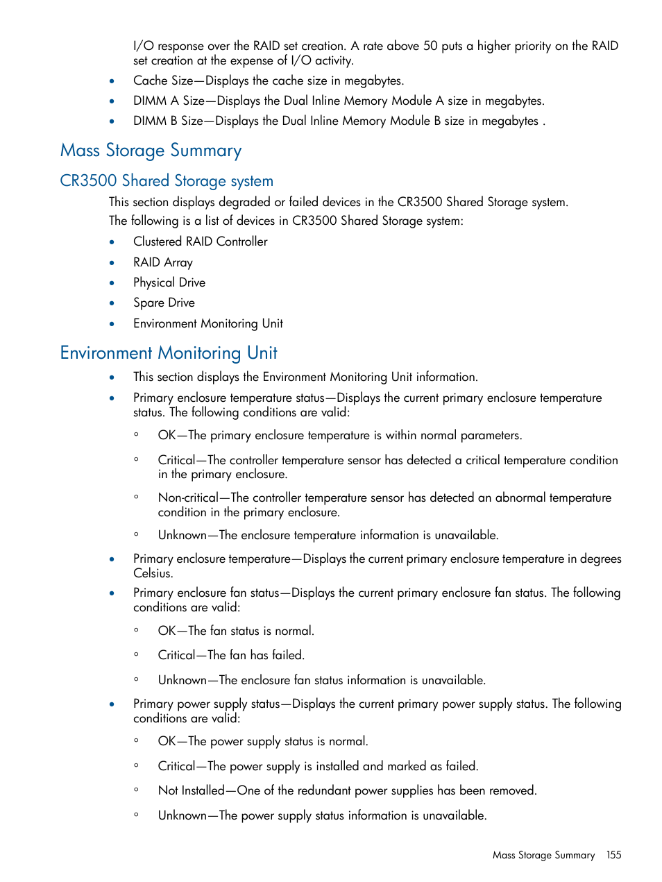 Mass storage summary, Cr3500 shared storage system, Environment monitoring unit | HP Insight Management Agents User Manual | Page 155 / 172