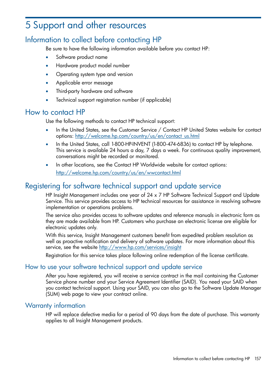 5 support and other resources, Information to collect before contacting hp, How to contact hp | Warranty information | HP Insight Management Agents User Manual | Page 157 / 172