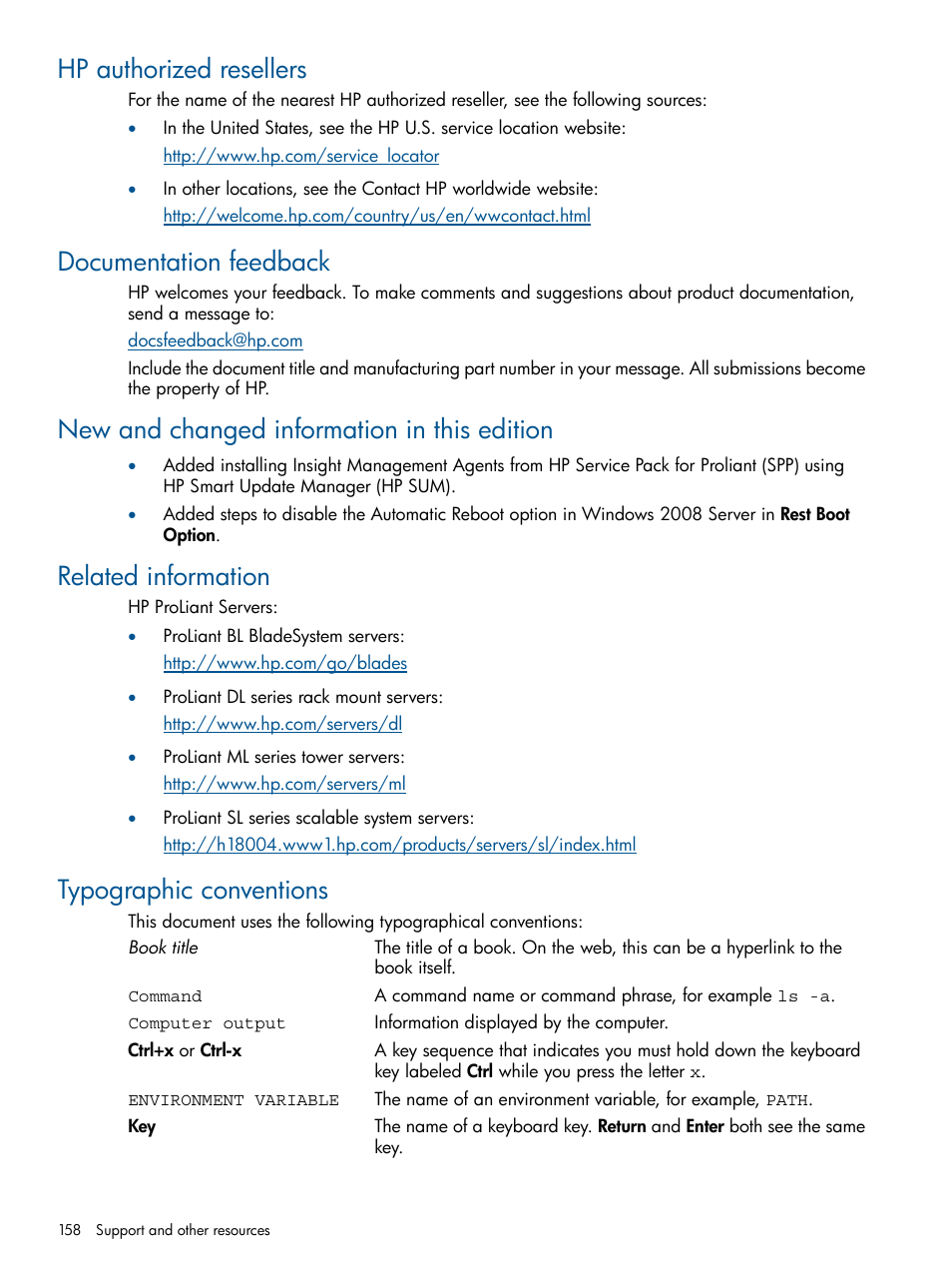 Hp authorized resellers, Documentation feedback, New and changed information in this edition | Related information, Typographic conventions | HP Insight Management Agents User Manual | Page 158 / 172