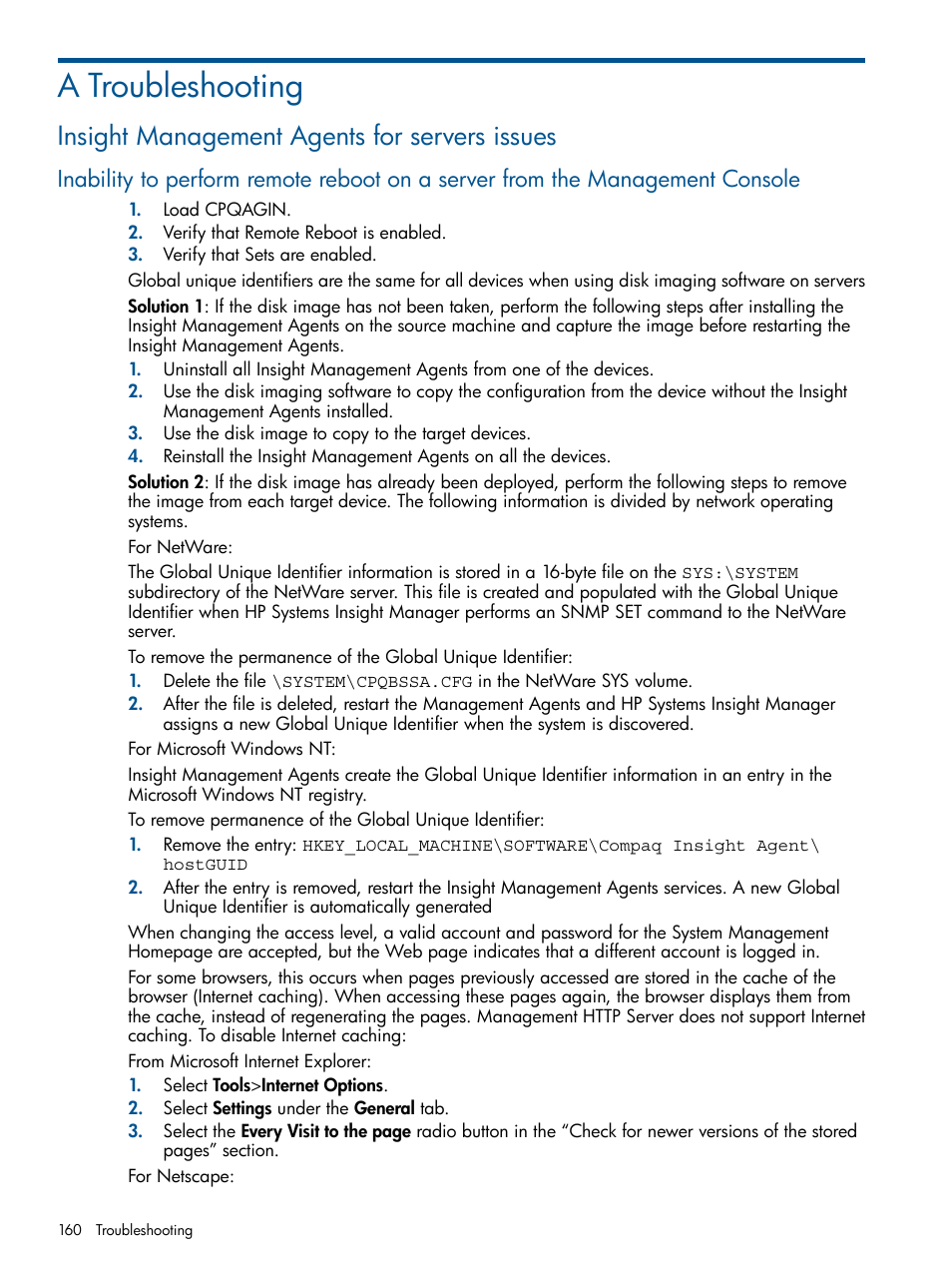 A troubleshooting, Insight management agents for servers issues | HP Insight Management Agents User Manual | Page 160 / 172